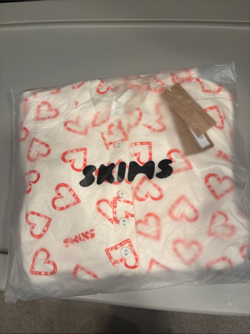 SKIMS🤍❤️ Cream Henley & Pant Set with Red Heart Print